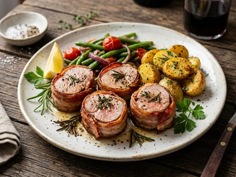 Sertésszűzérmék baconbe tekerve, zöldfűszerekkel