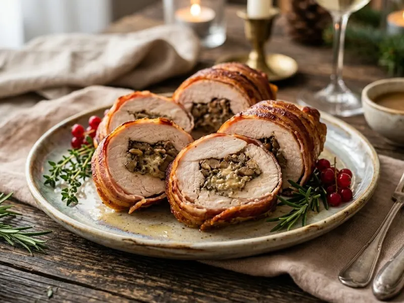 Gesztenyével töltött pulykarolád baconben sütve