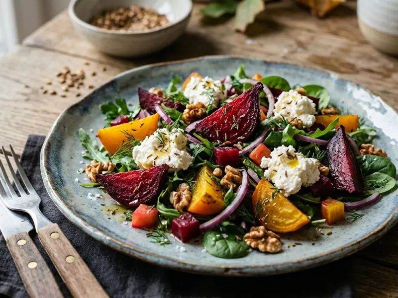 Sült céklasaláta köménymagos vinaigrette-tel és gomolyával
