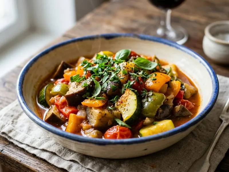 Ratatouille cukkini és padlizsán ágyon