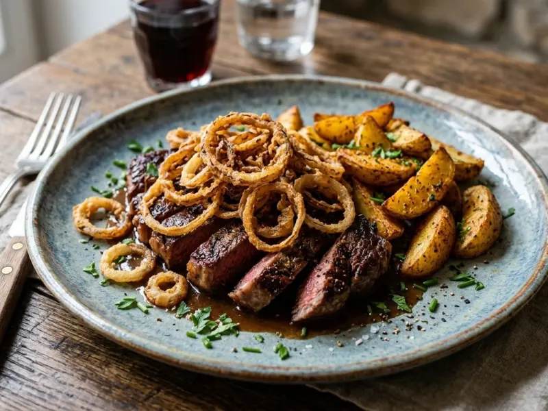 Hagymás rostélyos fűszeres steakburgonyával