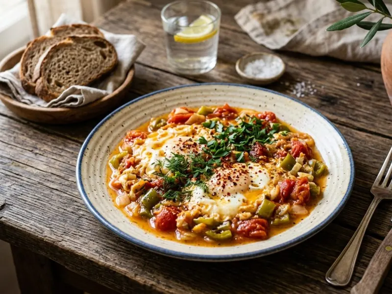 Menemen lédús paradicsommal és zöldpaprikával