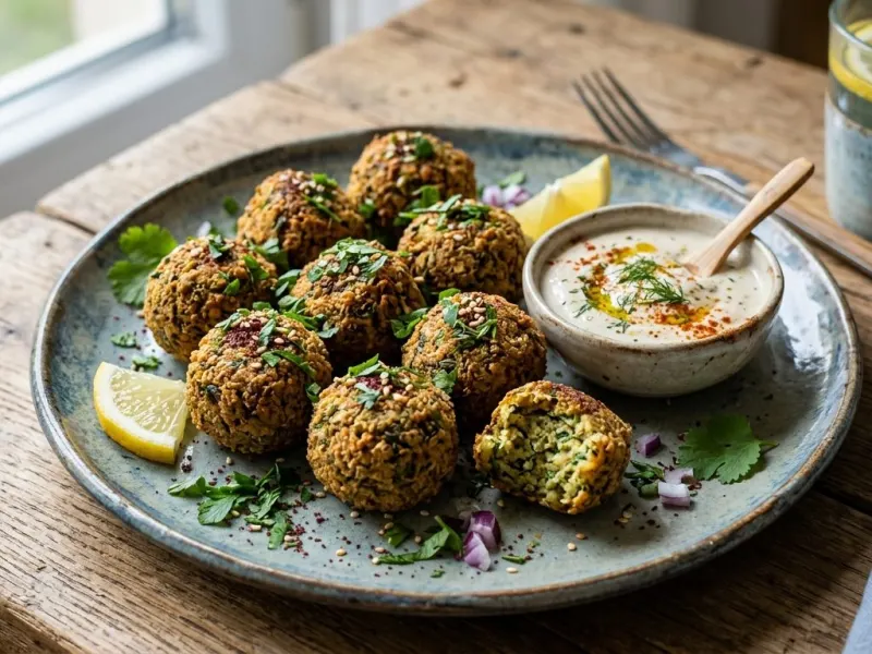 Csicseriborsós falafel golyók fűszeres tahini szósszal