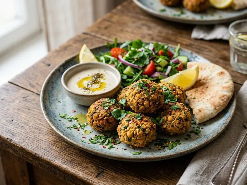 Csicseriborsó falafel friss zöldfűszerekkel
