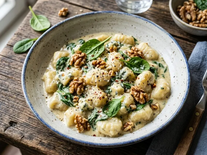 Gorgonzolás-diós gnocchi friss spenóttal