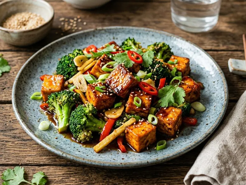 Gyömbéres-szójás pirított tofu brokkolival