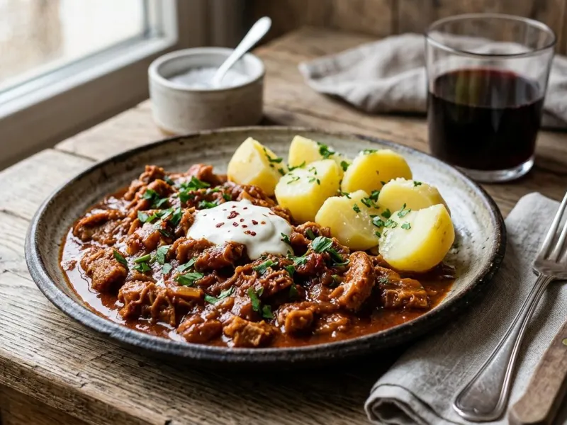 Szaftos pacalpörkölt vörösborral és főtt burgonyával