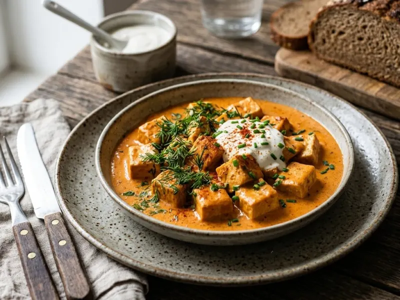 Füstölt paprikás tofu tejfölös mártásban