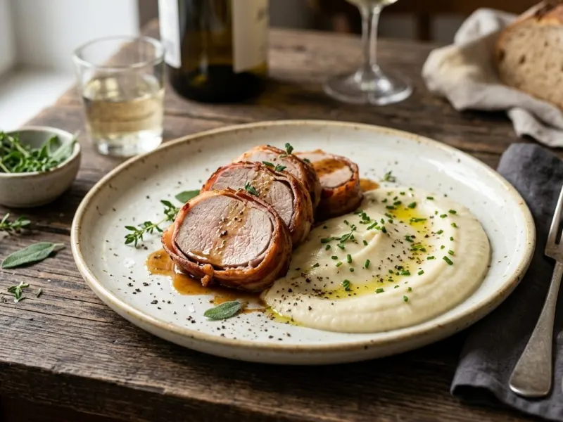 Baconbe tekert szűzpecsenye selymes zellerpürével